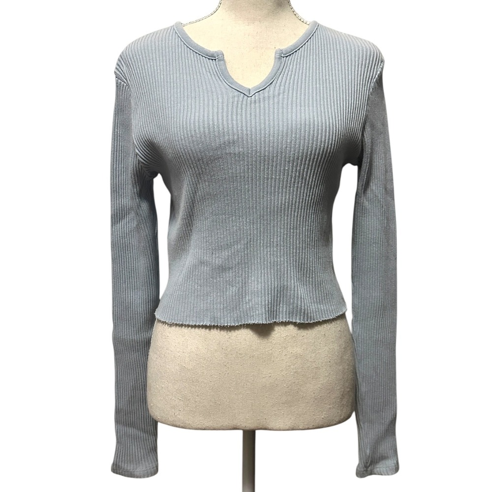 Brandy Melville Notched V-Neck Long Sleeve Top Light Blue Ribbed Casual Y2K